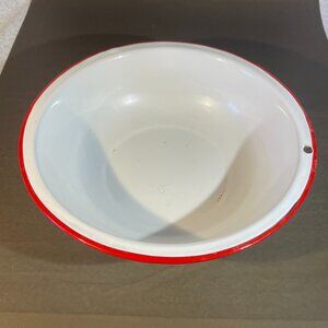 10.5" vintage white enamel metal with red stripe bowl (1355)